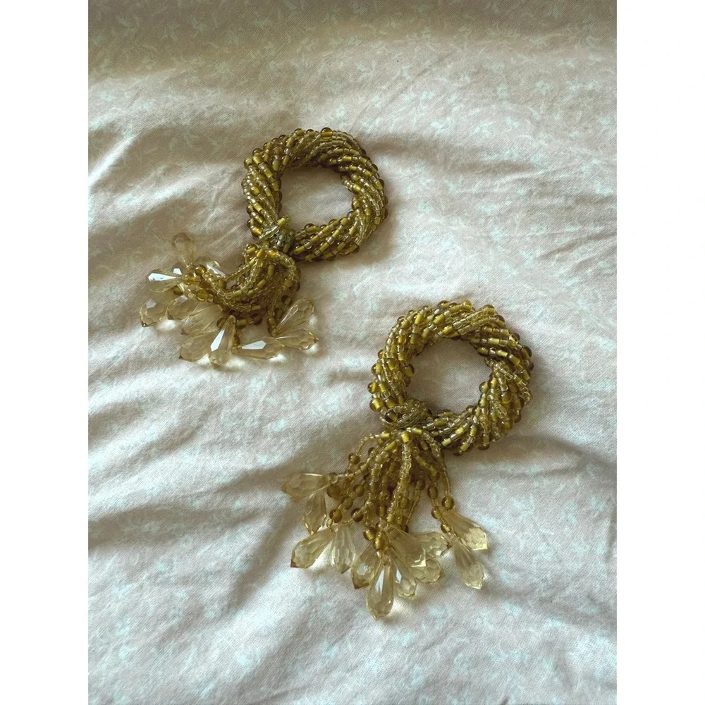 Vintage Amber Gold Beaded Napkin Rings Set Boho Thanksgiving Wedding Decor Glam